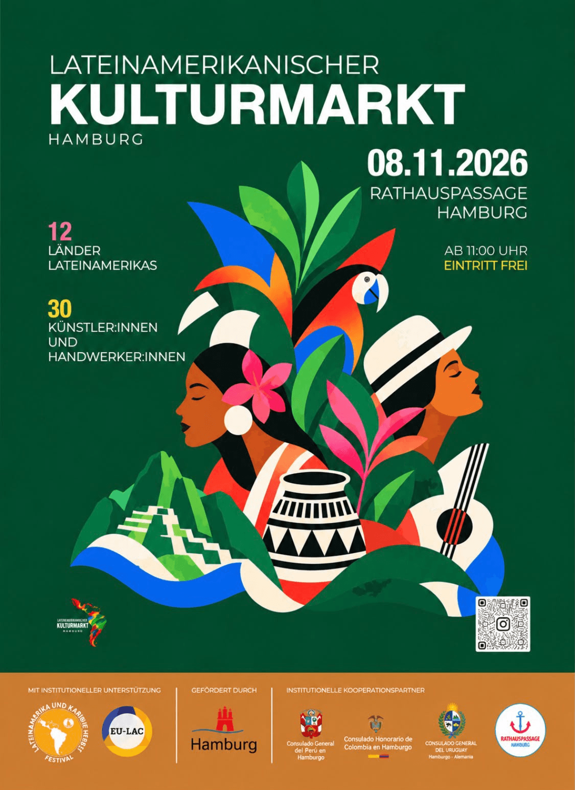 Flyer: Lateinamerikanischer Kulturmarkt am 8. November 2026 in der Rathauspassage Hamburg, ab 11 Uhr, Eintritt frei, 12 Länder Lateinamerikas, 30 Künstler:innen und Handwerker:innen
