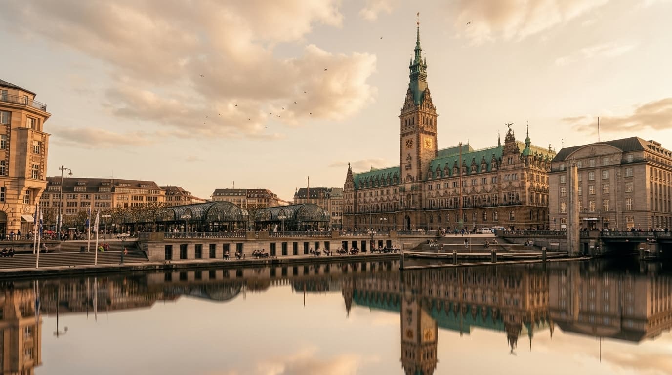 Das Hamburger Rathaus, gespiegelt im Wasser der Kleinen Alster