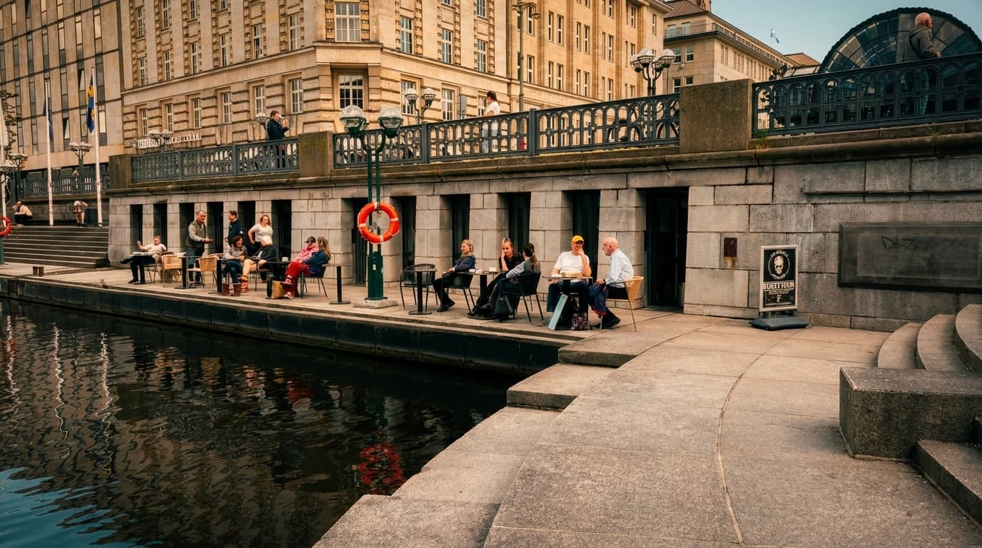 Die Terrasse am Wasser vor der Rathauspassage Hamburg, der Ort des Kulturmarkts
