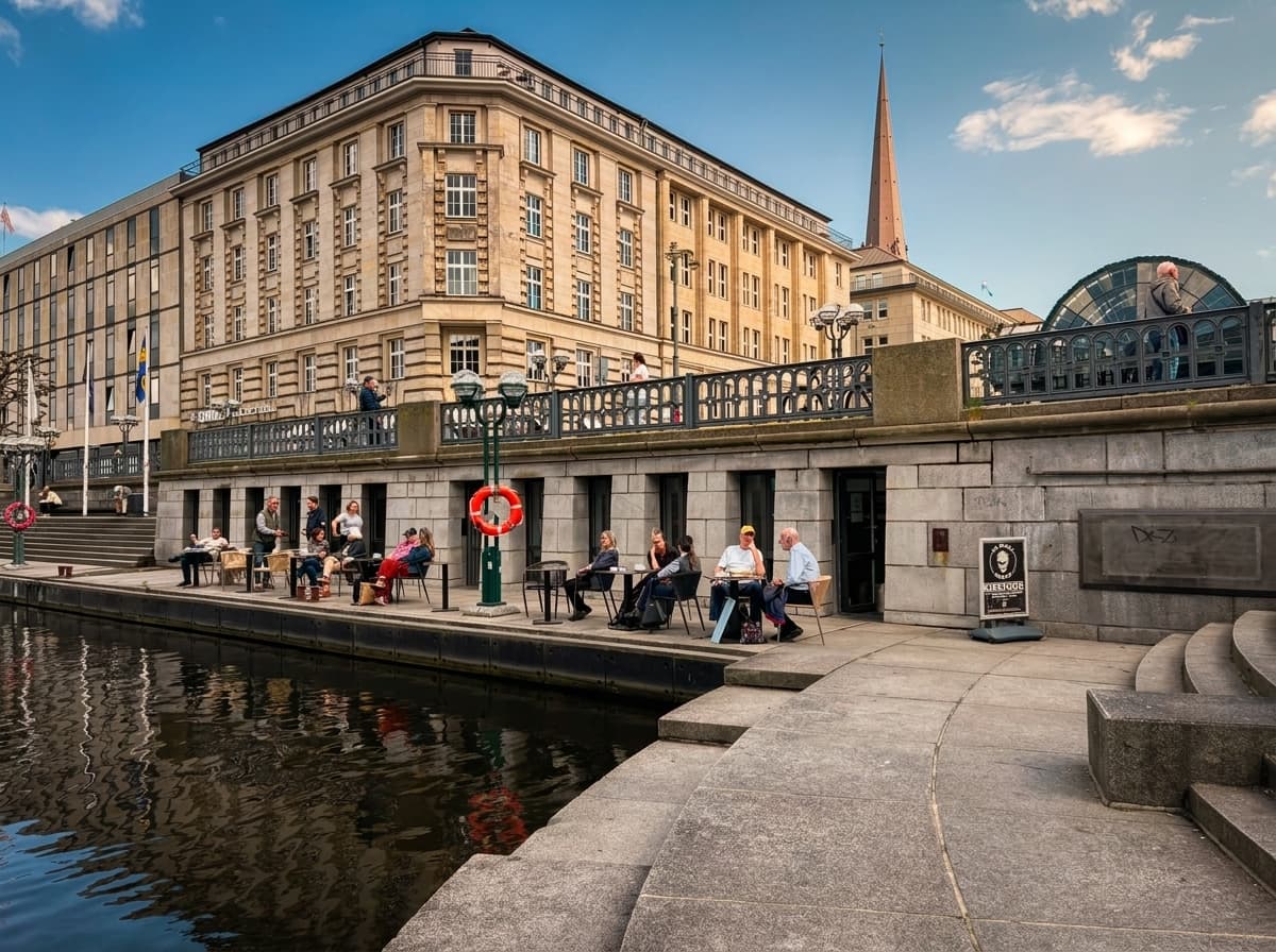 Terrasse am Wasser an der Rathauspassage, Menschen sitzen im warmen Licht