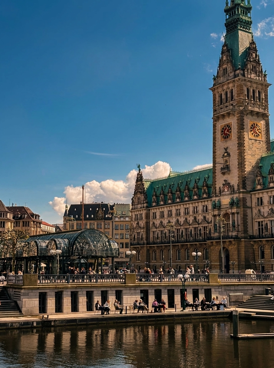 Der Turm des Hamburger Rathauses und der gläserne Alsterarkaden-Pavillon am Kanal